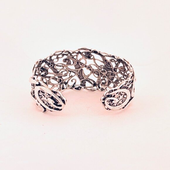 Estate Sterling Silver 925 Openwork Cuff Bracelet 6.5” Wide Ornate Scrollwork - Picture 3 of 9